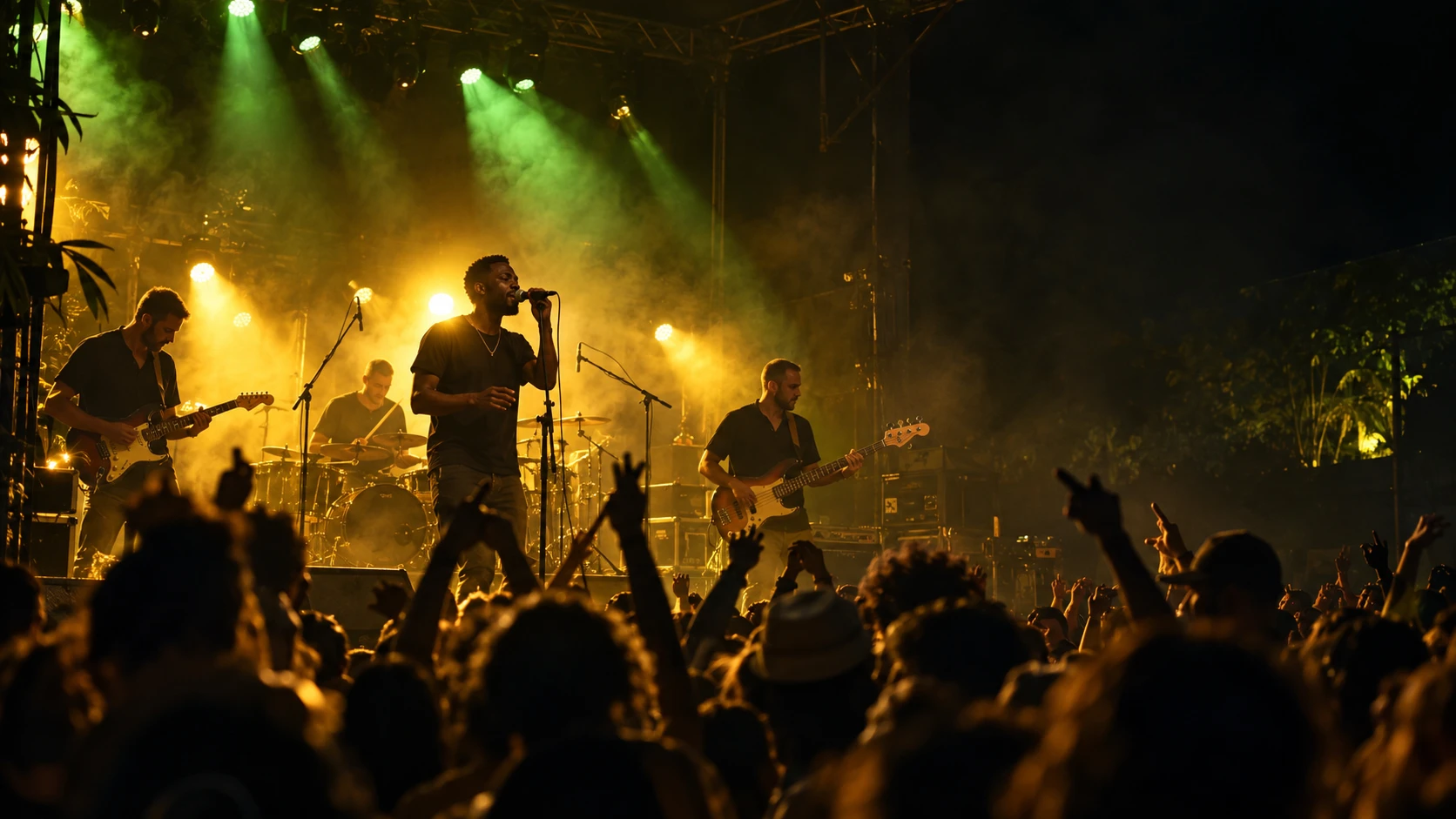 VYBEL en live : un groupe de reggae sur scène sous les projecteurs, le public les bras levés.